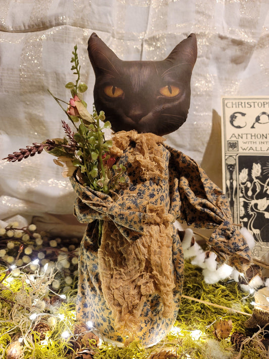 Primitive Style Stuffed Black Cat Figurine with Dried Flowers Muslin Apron