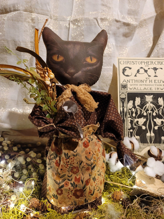Primitive Style Stuffed Black Cat with Dried Flowers and Floral Apron