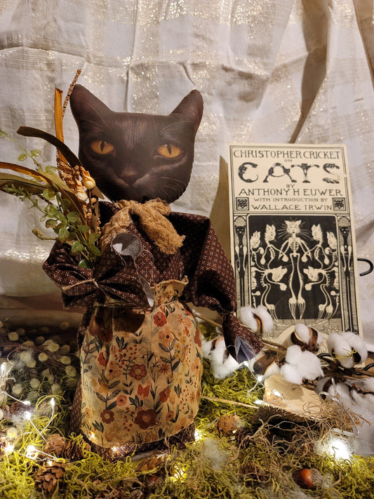Primitive Style Stuffed Black Cat with Dried Flowers and Floral Apron