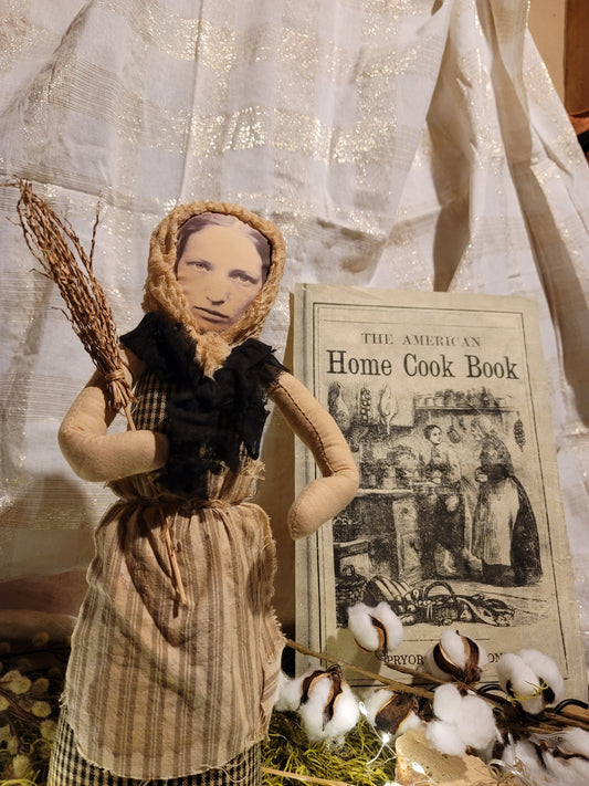 Primitive Vintage Halloween Style Photo Face Witch Figurine with Broom