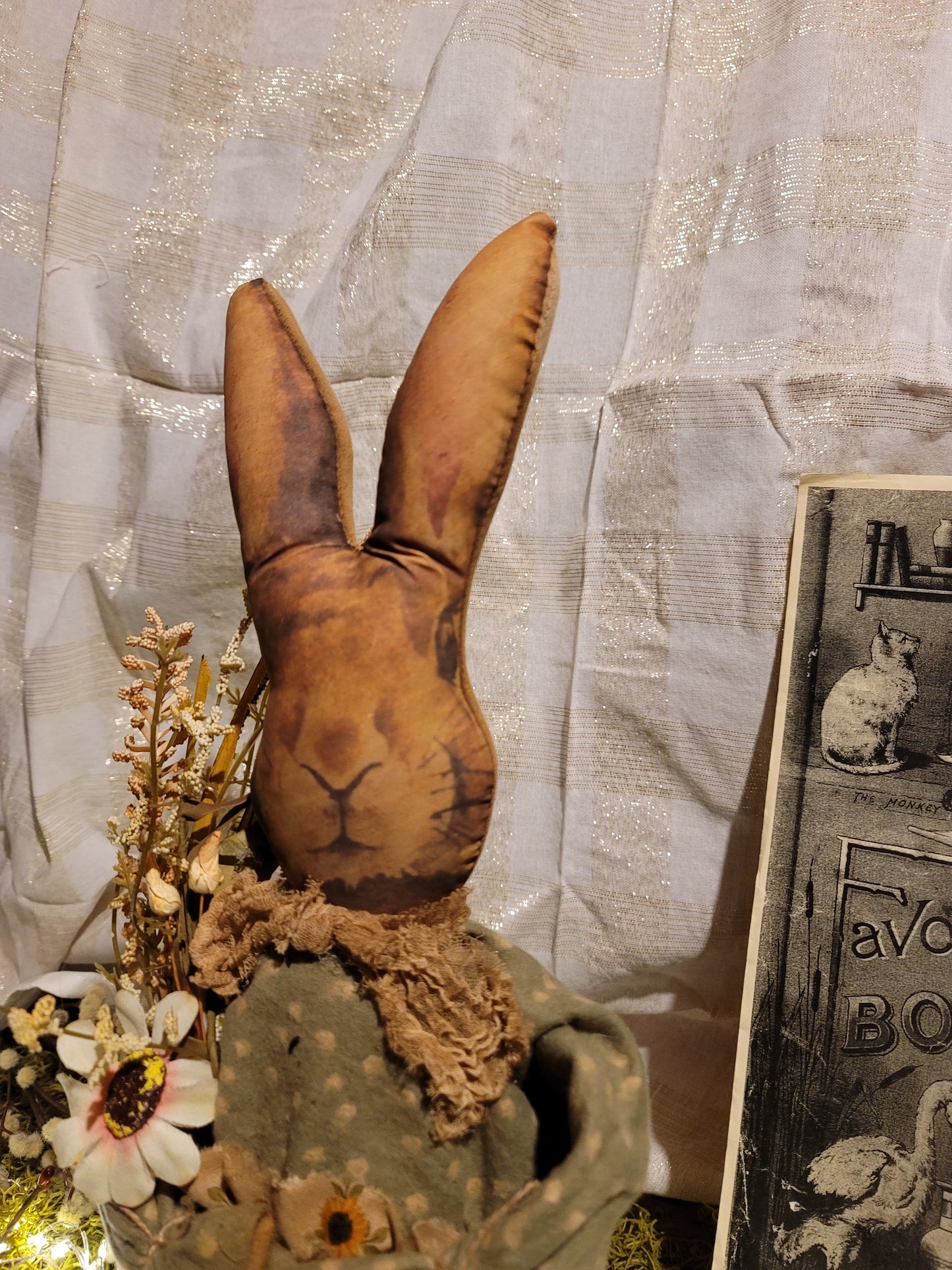 Primitive Vintage Style Stuffed Spring Sunflower Bunny Figurine