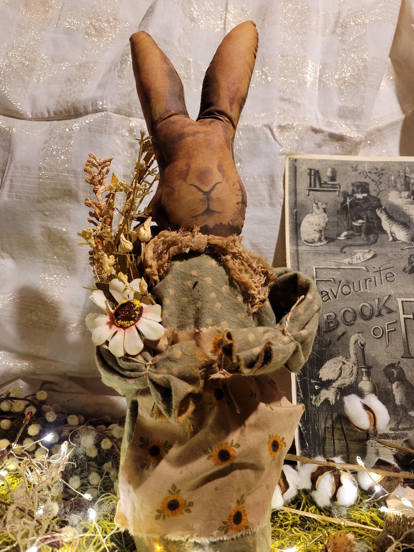 Primitive Vintage Style Stuffed Spring Sunflower Bunny Figurine