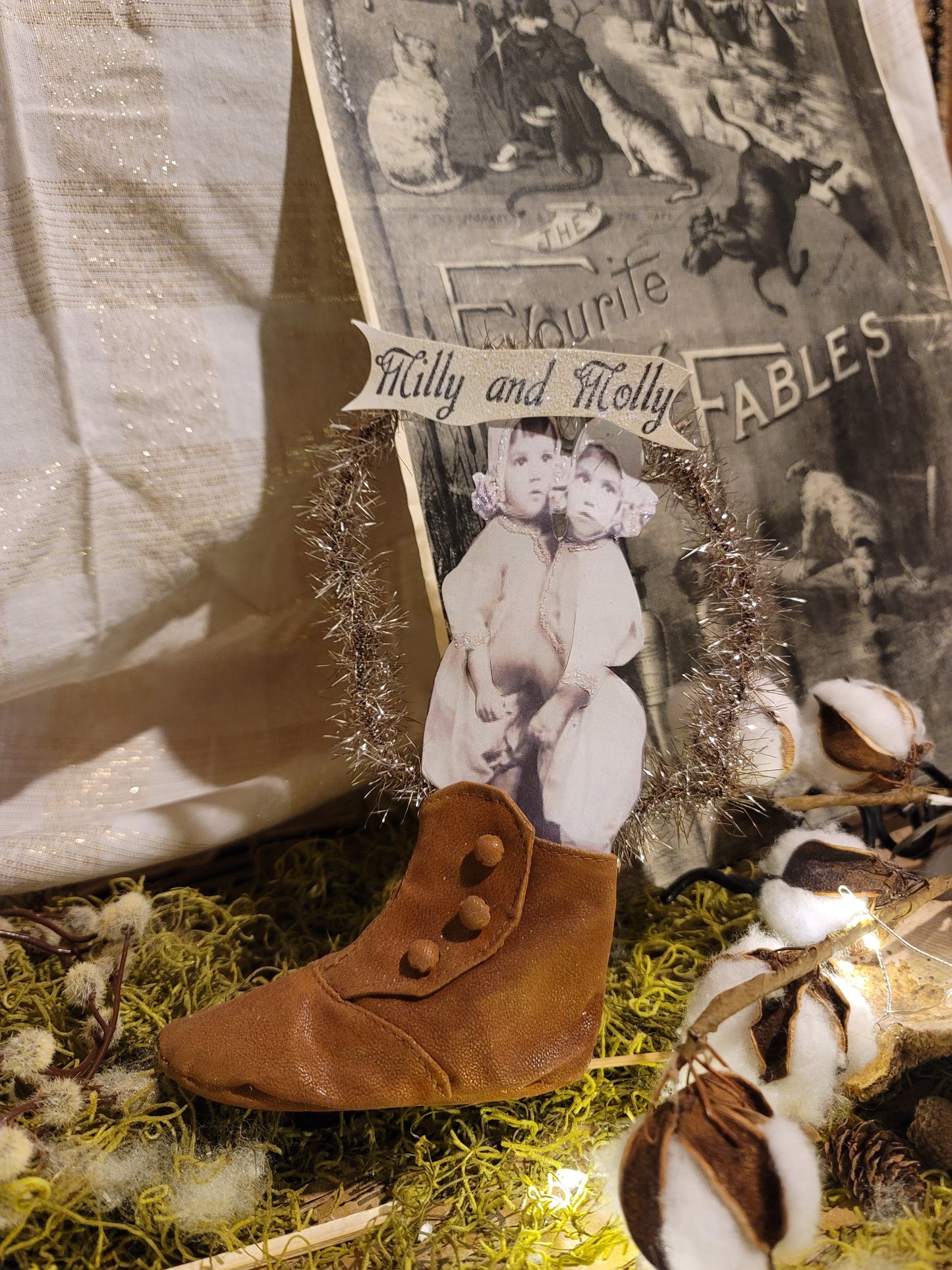 Vintage Antique Style Photo Art In Leather Baby Shoe Wreath Ornament