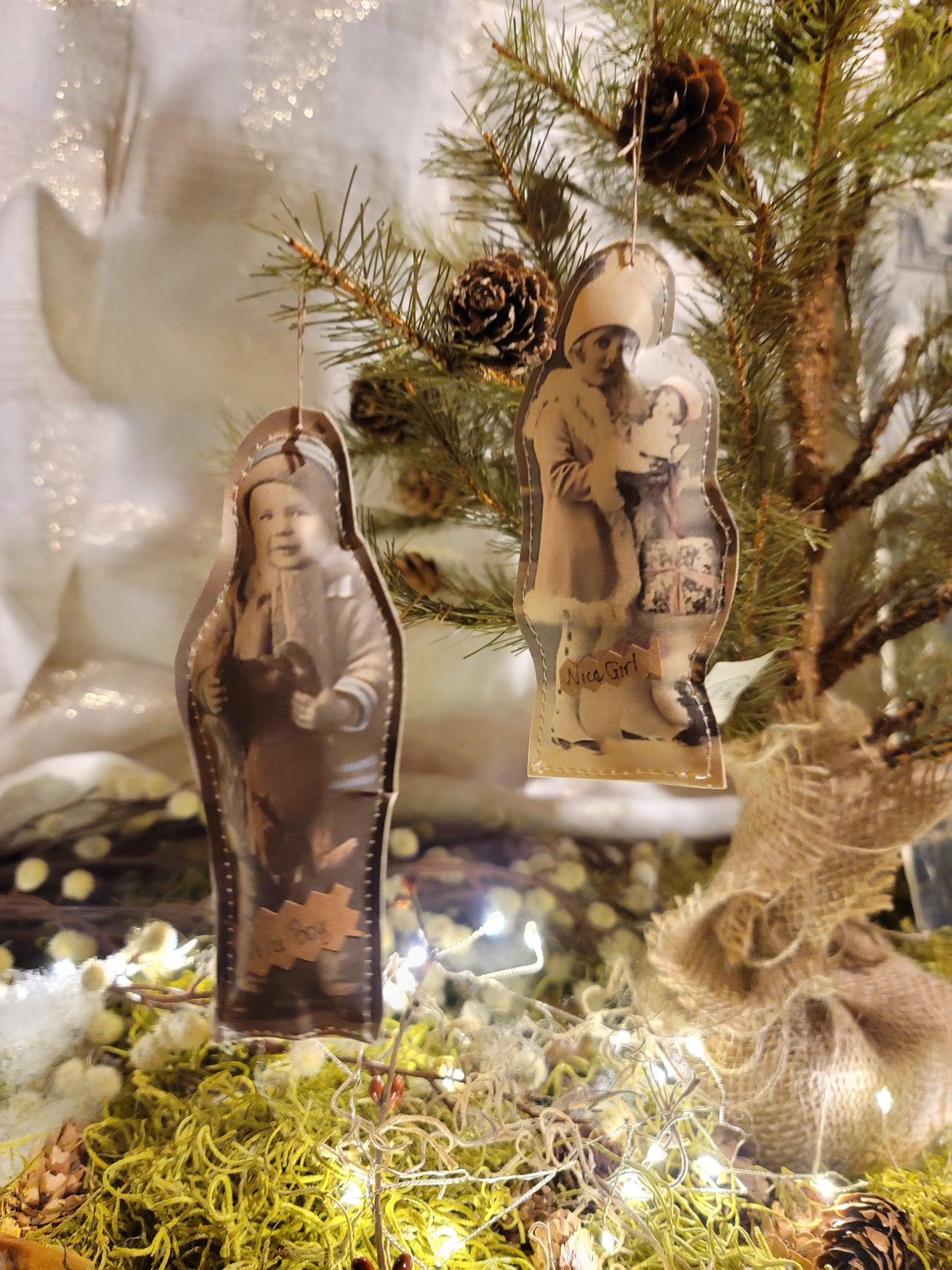 Primitive Victorian Paper Photo Nice Girl Nice Boy Ornaments