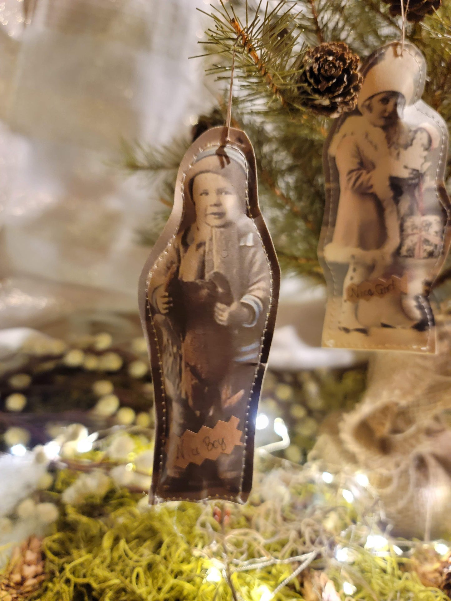 Primitive Victorian Paper Photo Nice Girl Nice Boy Ornaments