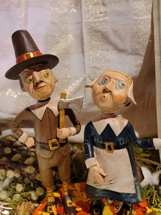 Whimsy Colonial Folk Art Pilgrams with Turkey Thanksgiving Figurine