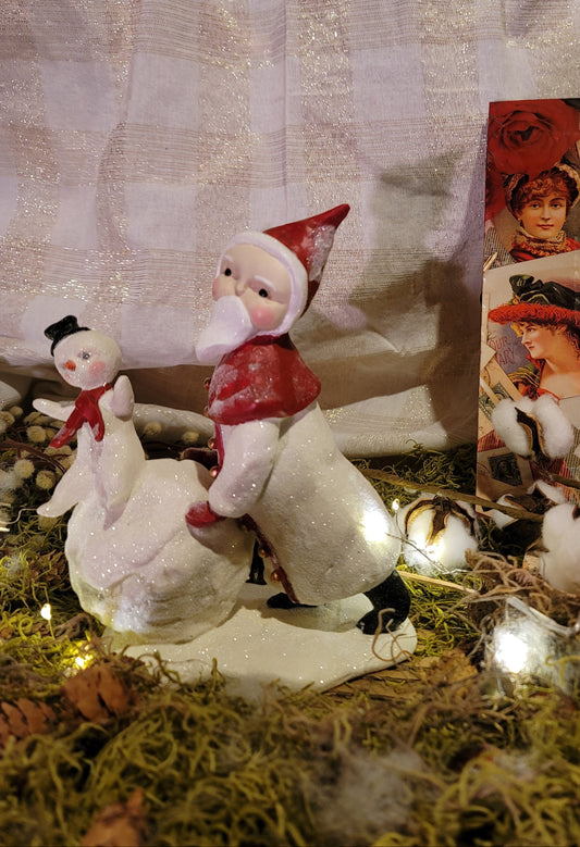 Folk Art Dee Harvey Foust Santa Snowball Rides Figurine
