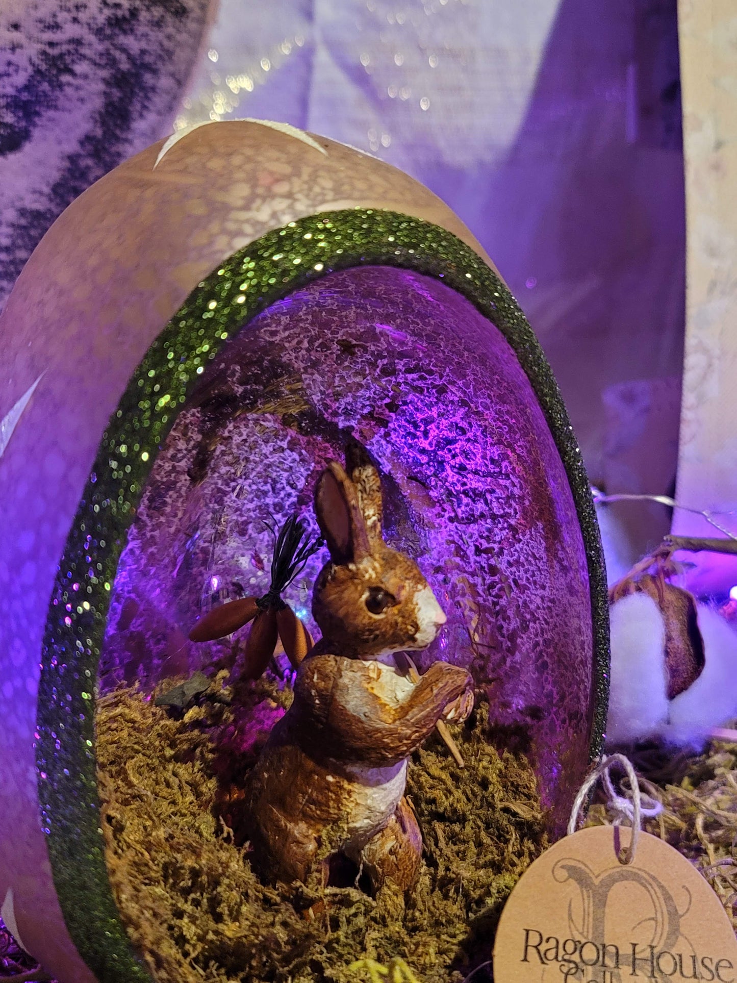 Pink Mercury Glass Easter Egg Bunny Rabbit Nesting Egg With Carrots on Stick Figurine