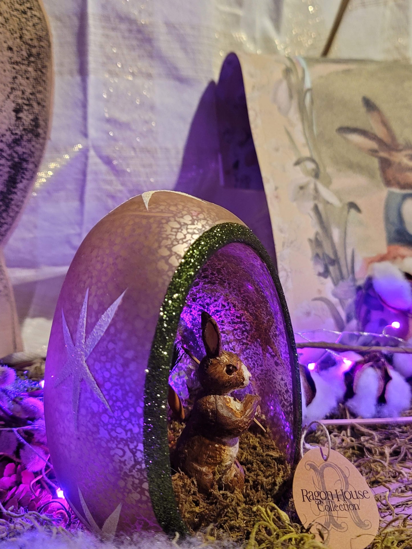 Pink Mercury Glass Easter Egg Bunny Rabbit Nesting Egg With Carrots on Stick Figurine