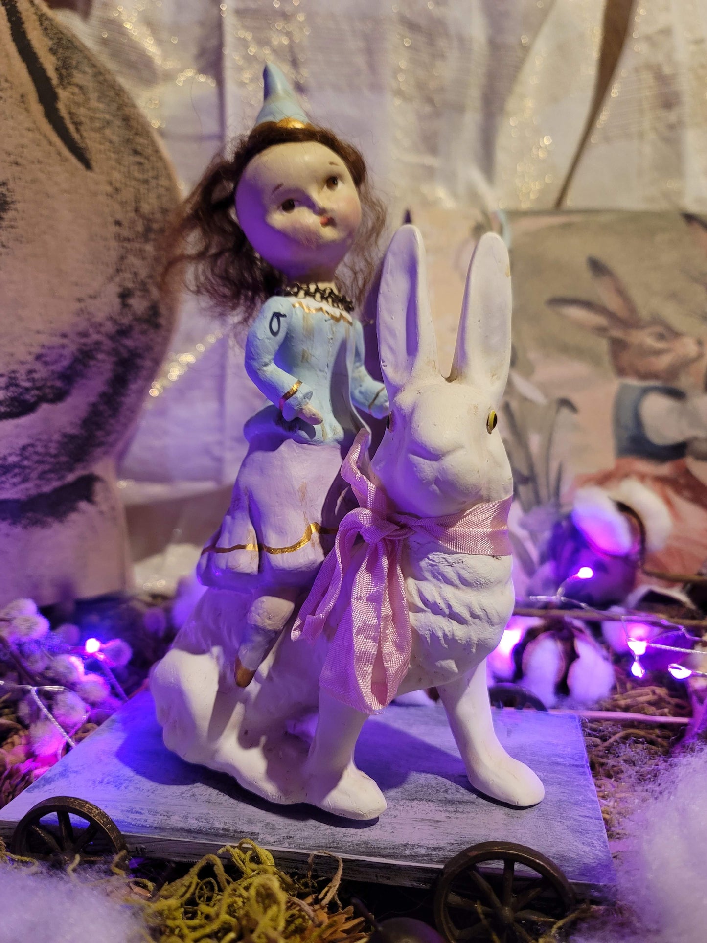 Folk Art Dee Harvey Easter Riding Ruby Bunny Cart Figurine