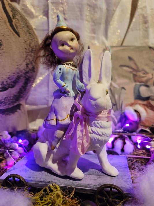 Folk Art Dee Harvey Easter Riding Ruby Bunny Cart Figurine