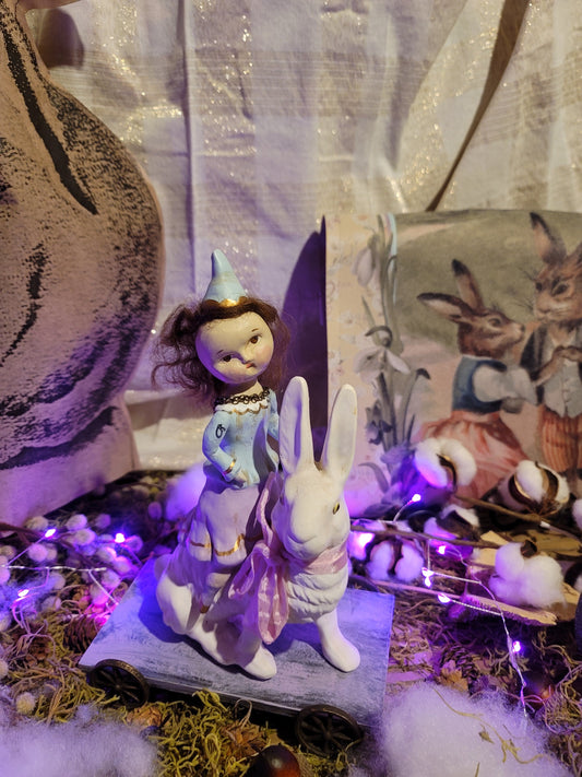 Folk Art Dee Harvey Easter Riding Ruby Bunny Cart Figurine