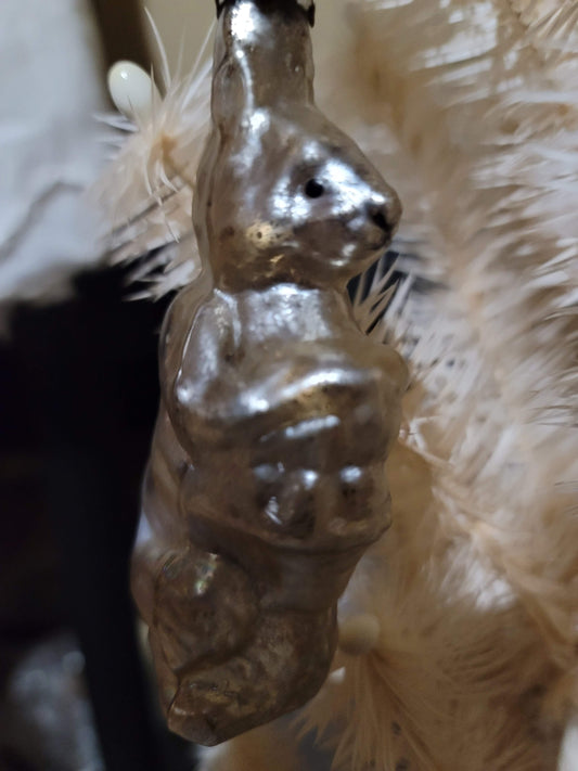 Primitive Easter Style Mercury Glass Silver Bunny with Basket Ornament