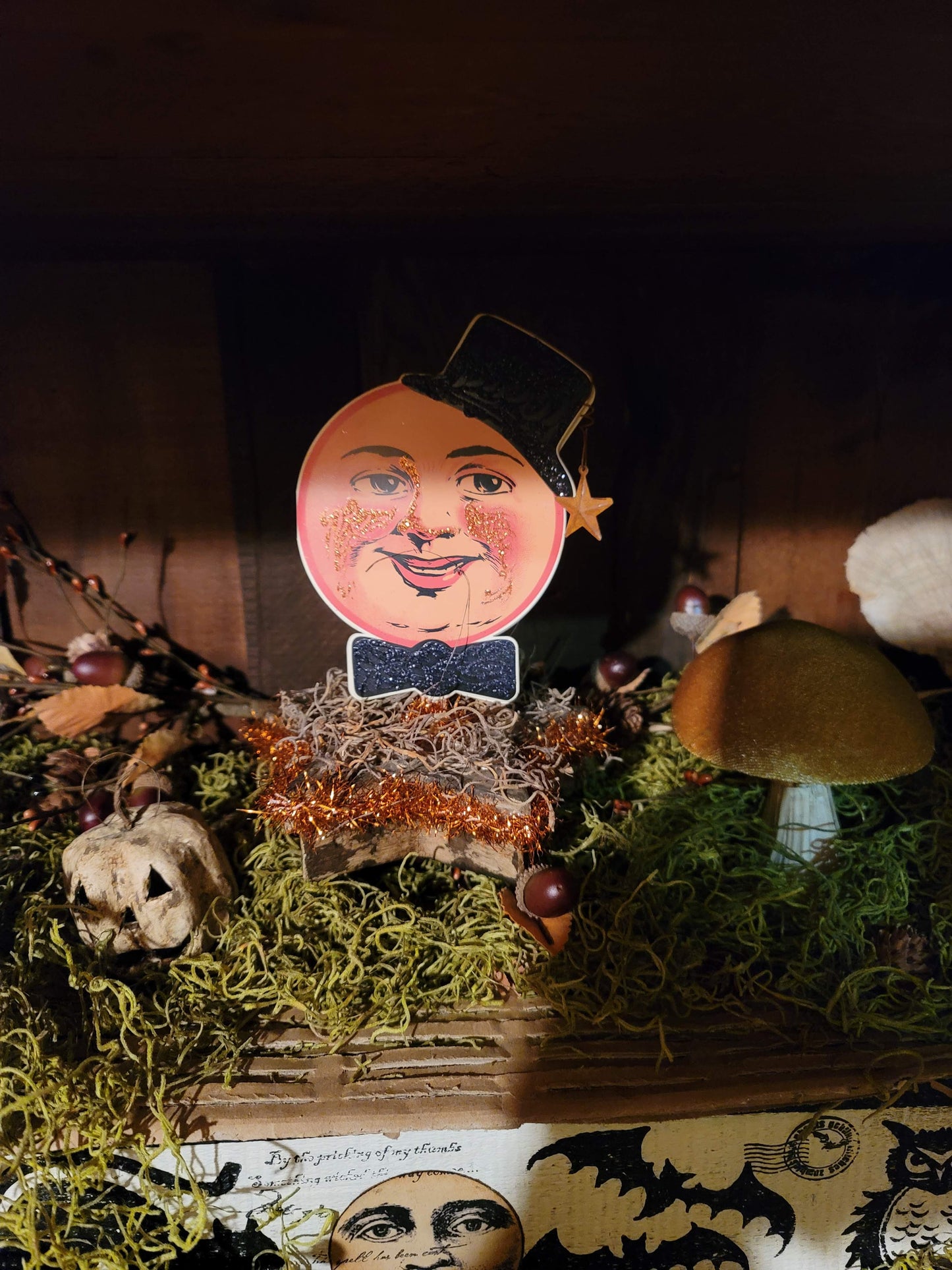 Vintage Halloween Style Man in the Moon Box Container with Tinsel