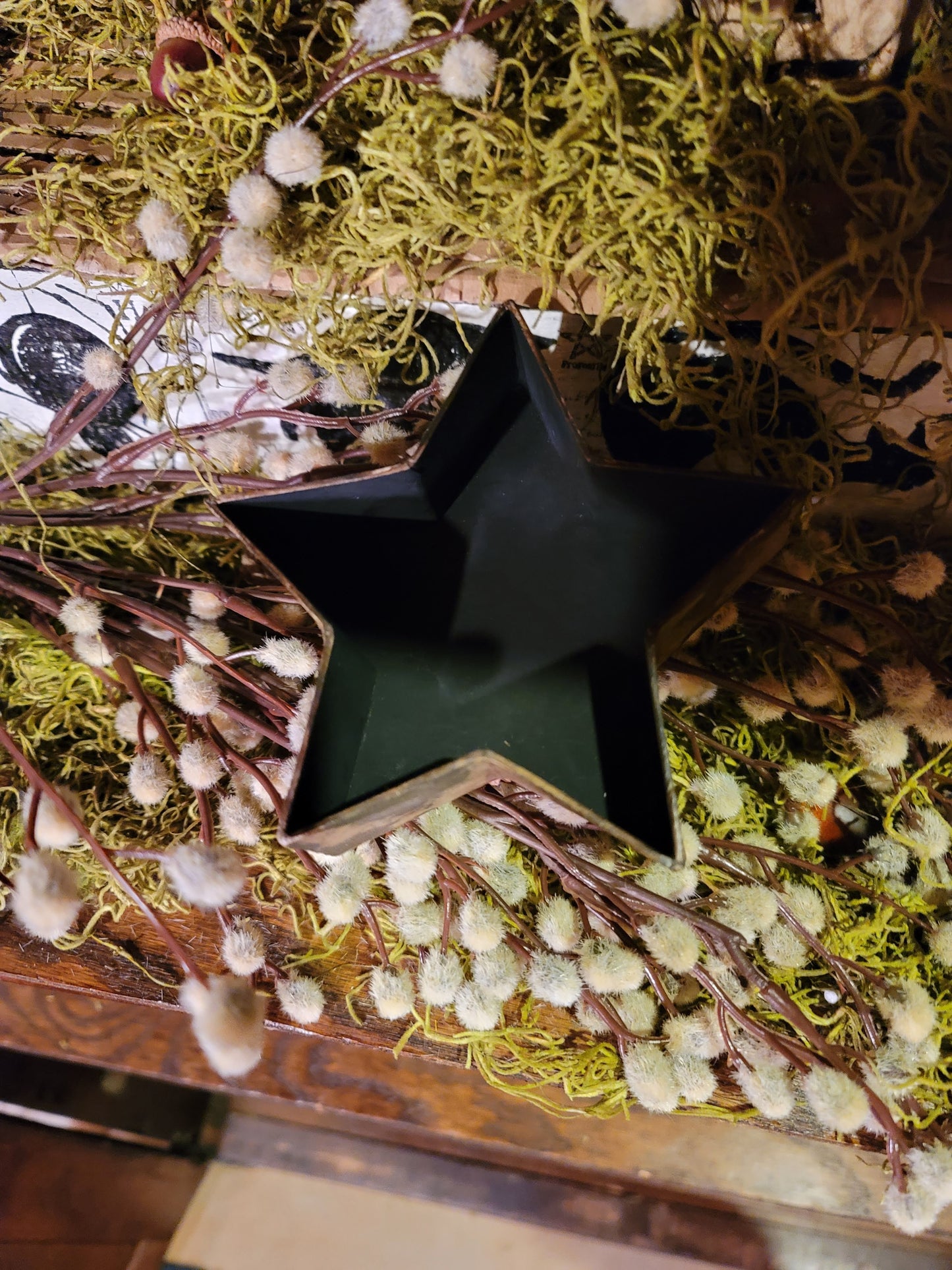 Vintage Halloween Style Photo Witch with Tinsel and Broom on Star Box Container