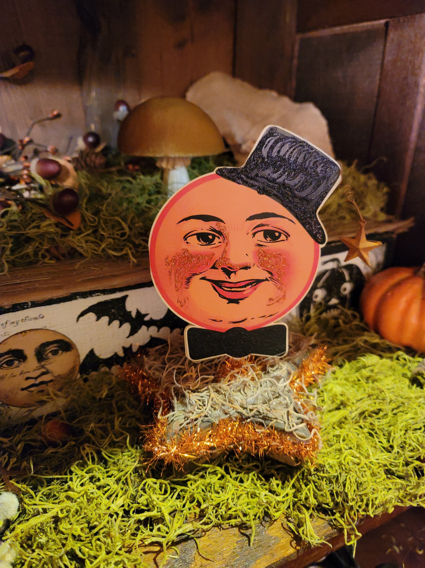 Vintage Halloween Style Man in the Moon Box Container with Tinsel