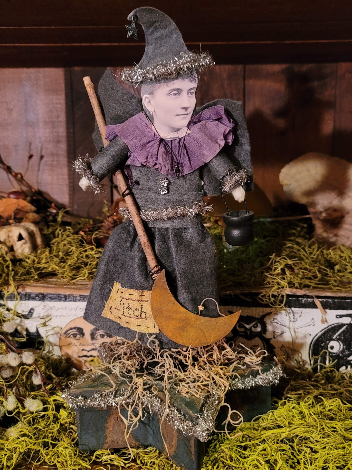 Vintage Halloween Style Photo Witch with Tinsel and Broom on Star Box Container