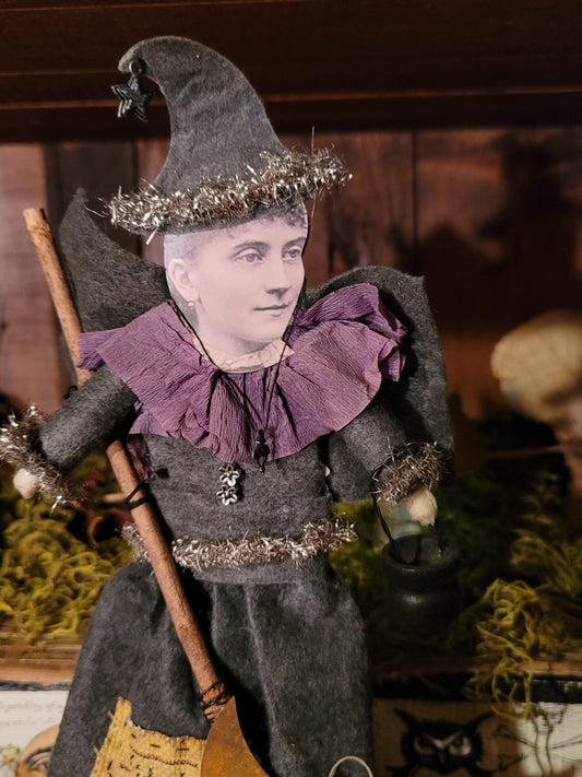 Vintage Halloween Style Photo Witch with Tinsel and Broom on Star Box Container