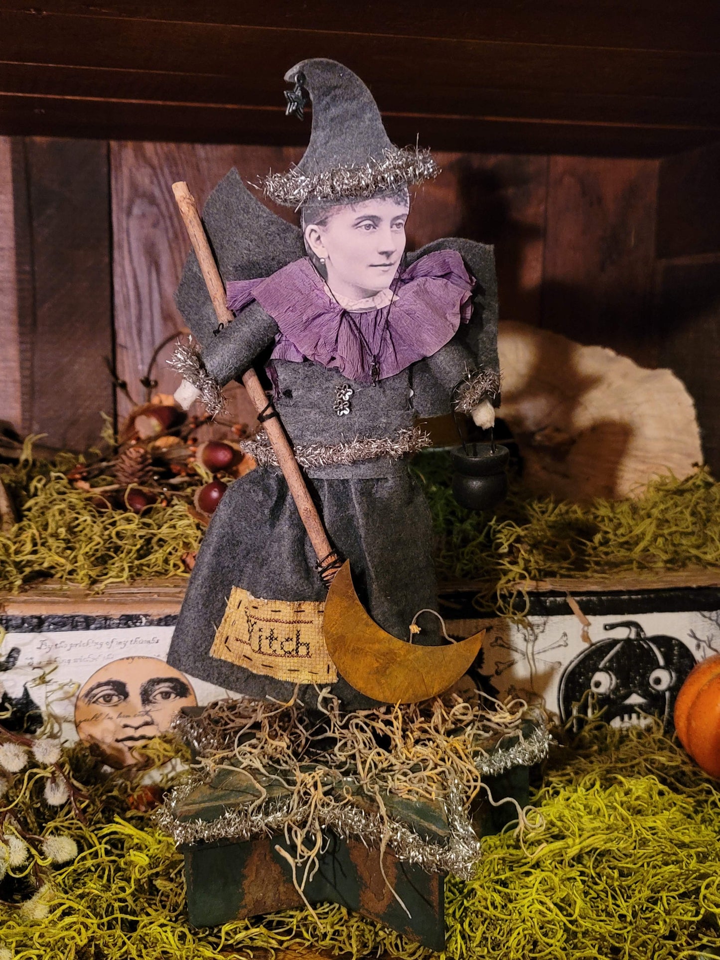 Vintage Halloween Style Photo Witch with Tinsel and Broom on Star Box Container