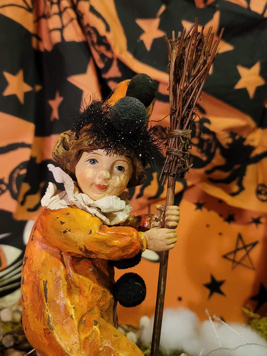 Vintage Halloween Postcard Style Clapsaddle Tinsel Girl Clown with Pumpkin Container