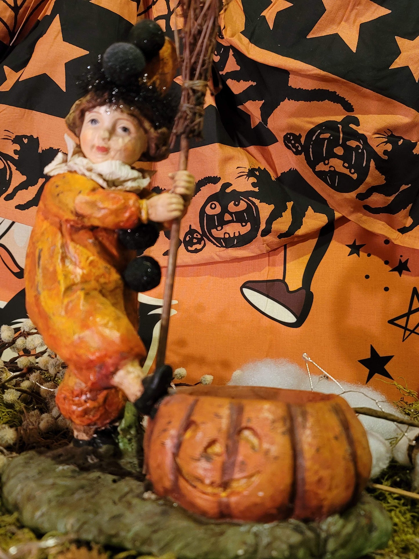 Vintage Halloween Postcard Style Clapsaddle Tinsel Girl Clown with Pumpkin Container