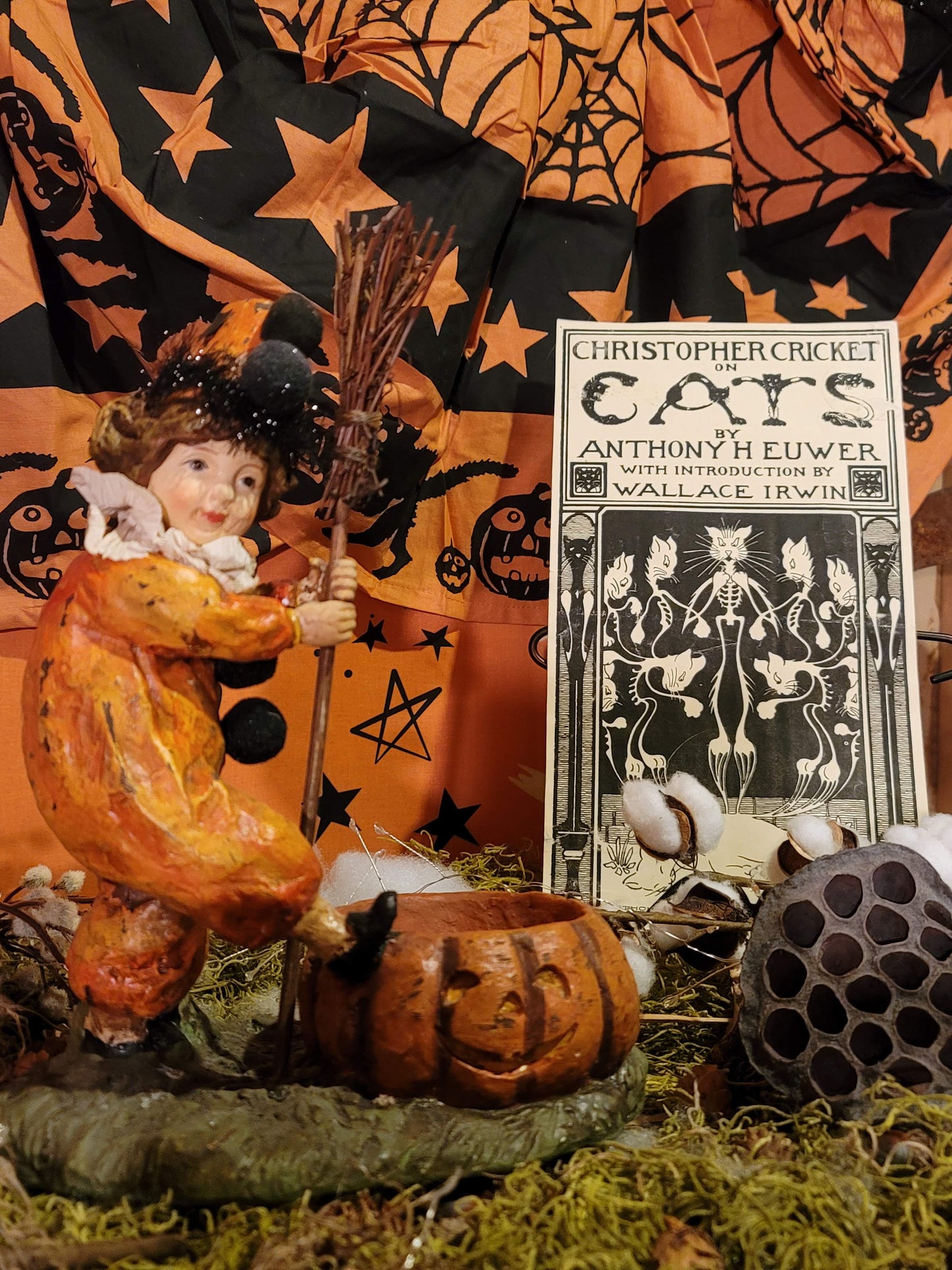 Vintage Halloween Postcard Style Clapsaddle Tinsel Girl Clown with Pumpkin Container