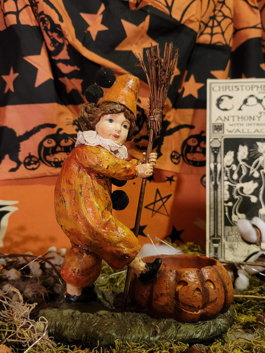 Vintage Halloween Style Postcard Clapsaddle Clown Girl Pumpkin Figurine