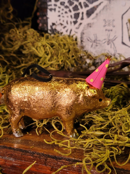 Whimsy Circus Golden Party Pig with Hat Ornament