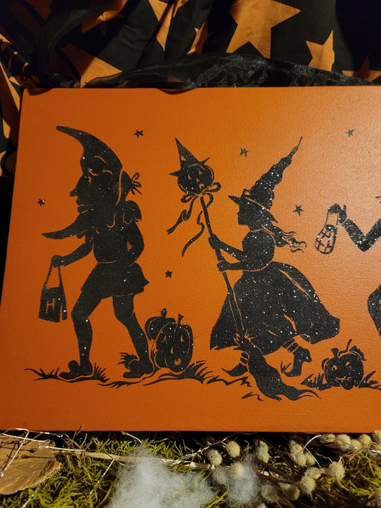 Vintage Halloween Style Halloween Trick or Treater Parade Canvas Wall Hanging
