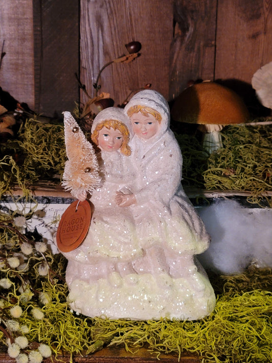 Vintage Victorian Christmas Style Woodland Realm Snow Children Glittered Figurine