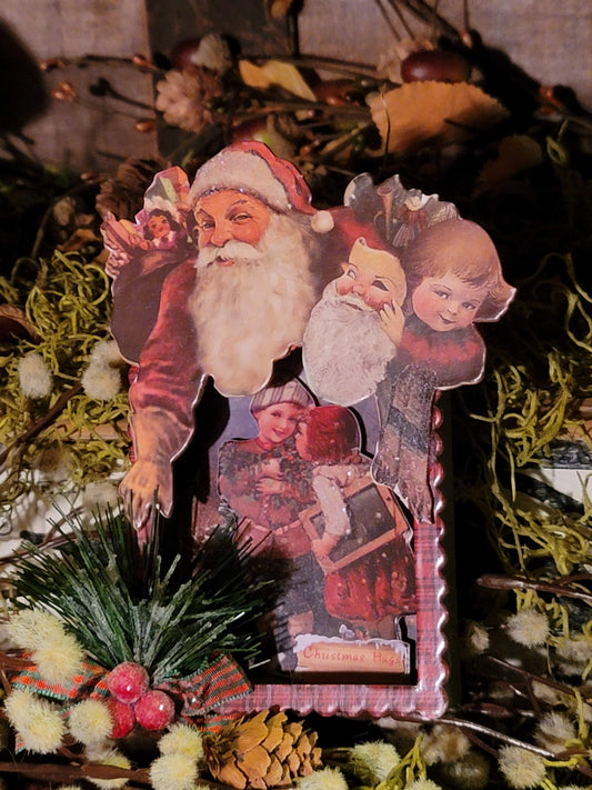 Vintage Victorian Christmas Style Santa with Child Shadow Box Ornament