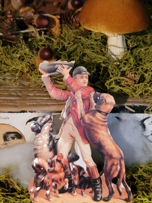 Vintage Victorian Style Fox Hunt Equestrian Boy Feeding Dogs Card Decoration