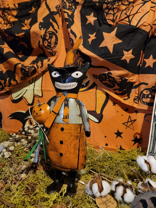 Vintage Halloween Style Metal Black Cat Witch with Pumpkin