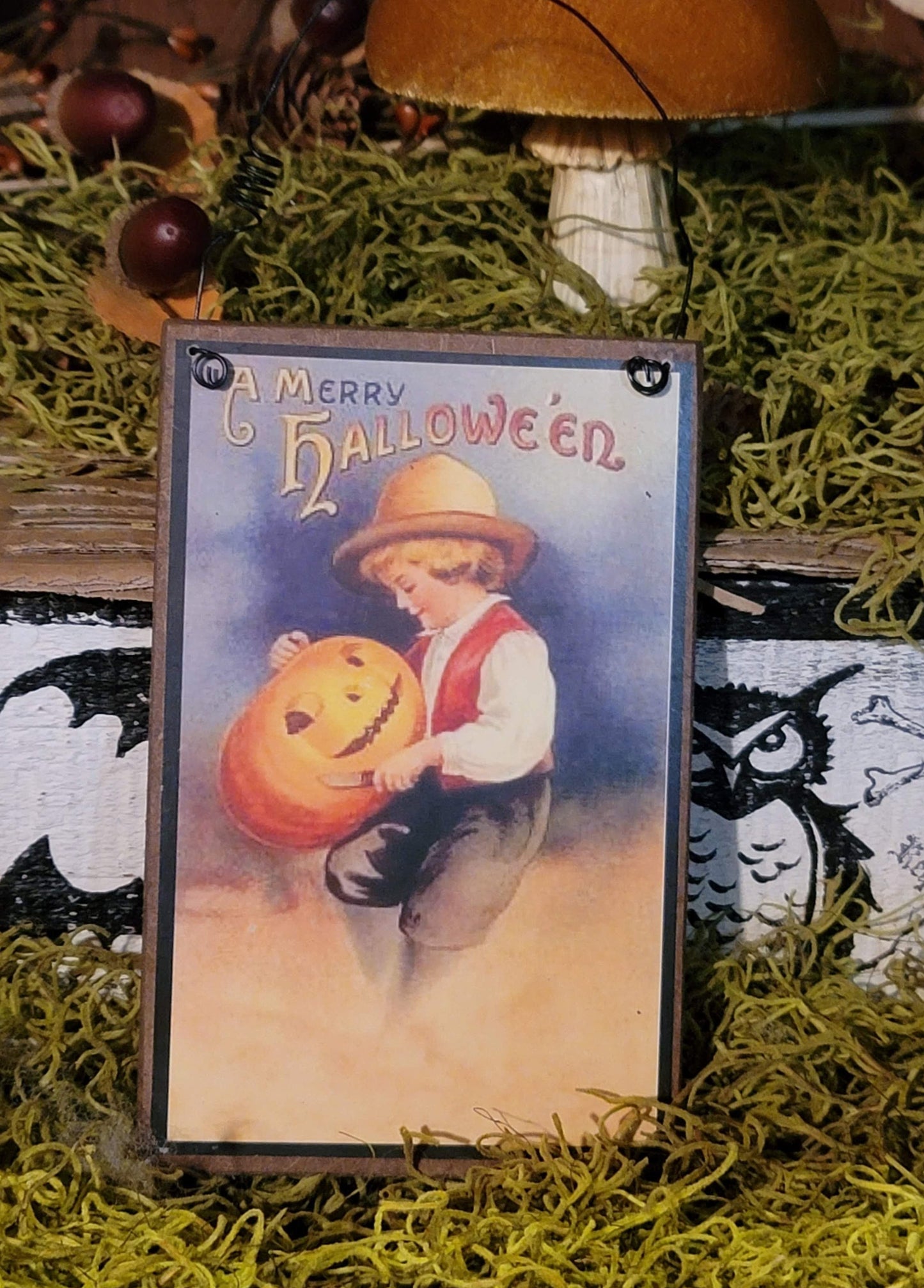 Vintage Halloween Postcard Style Boy Carving Pumpkin Wall Plaque Ornament