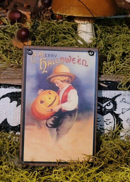 Vintage Halloween Postcard Style Boy Carving Pumpkin Wall Plaque Ornament