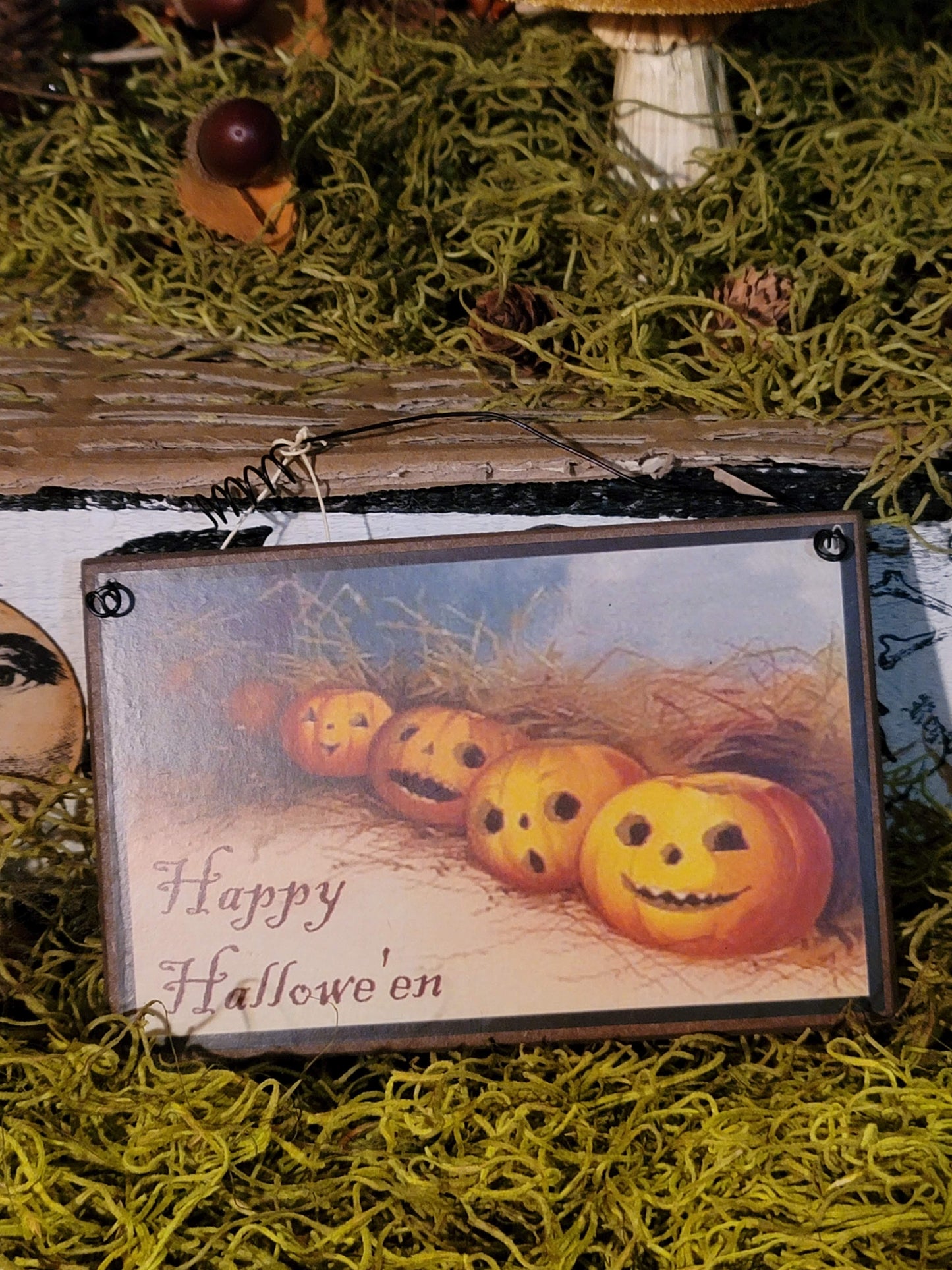 Vintage Halloween Postcard Style Hanging Wall Plaque Ornament