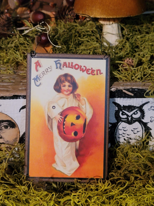Vintage Halloween Postcard Clapsaddle Hanging Girl Ghost Plaque Ornament