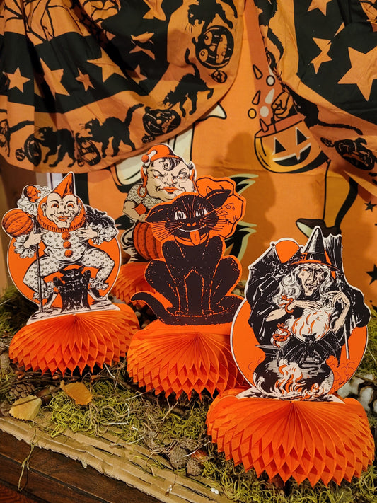 Vintage Halloween Style Set of 4 Witch, Gypsy, Clown Jester and Black Cat