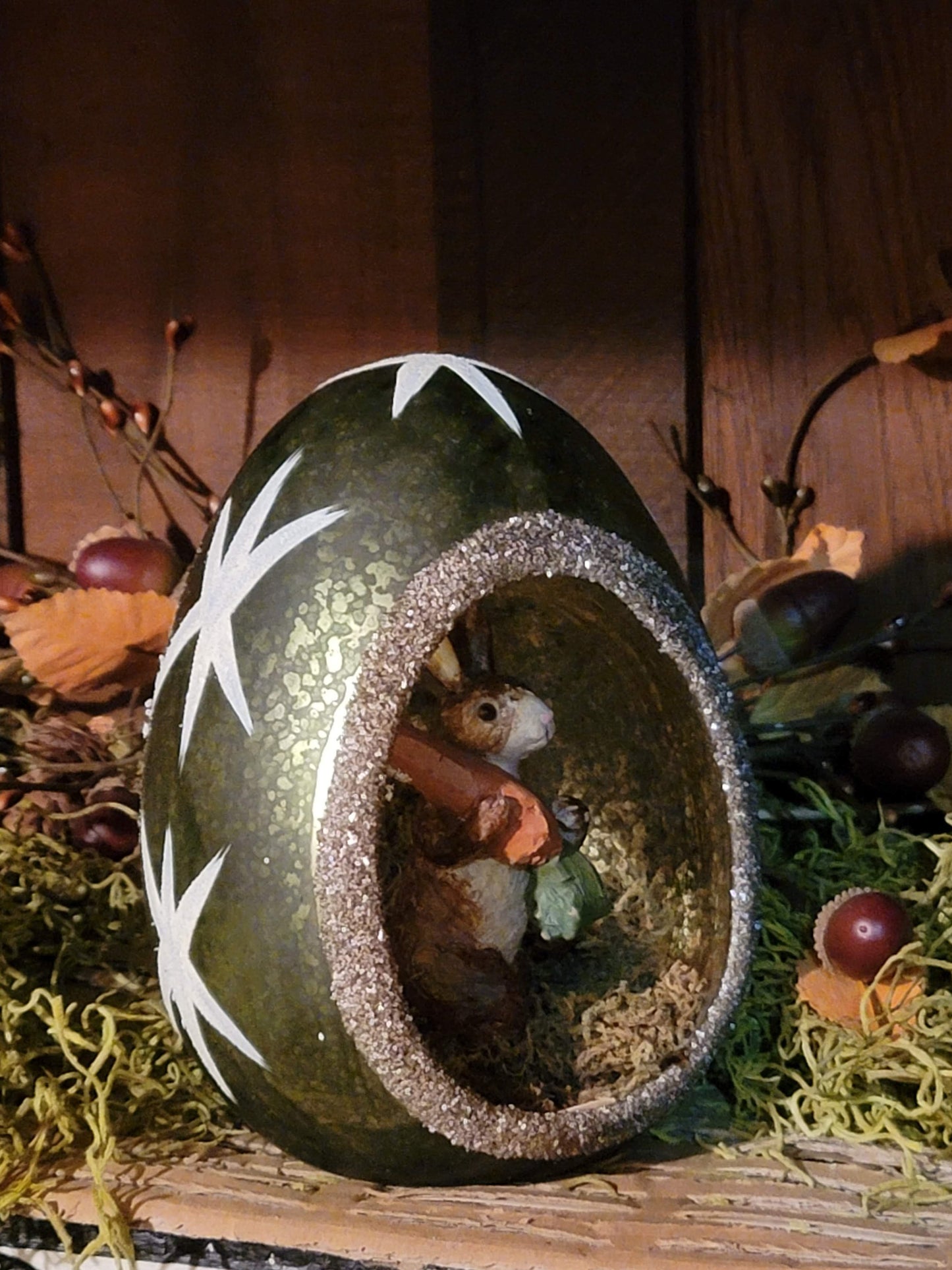 Green Mercury Glass Easter Bunny with Giant Carrot Nesting Egg Figurine