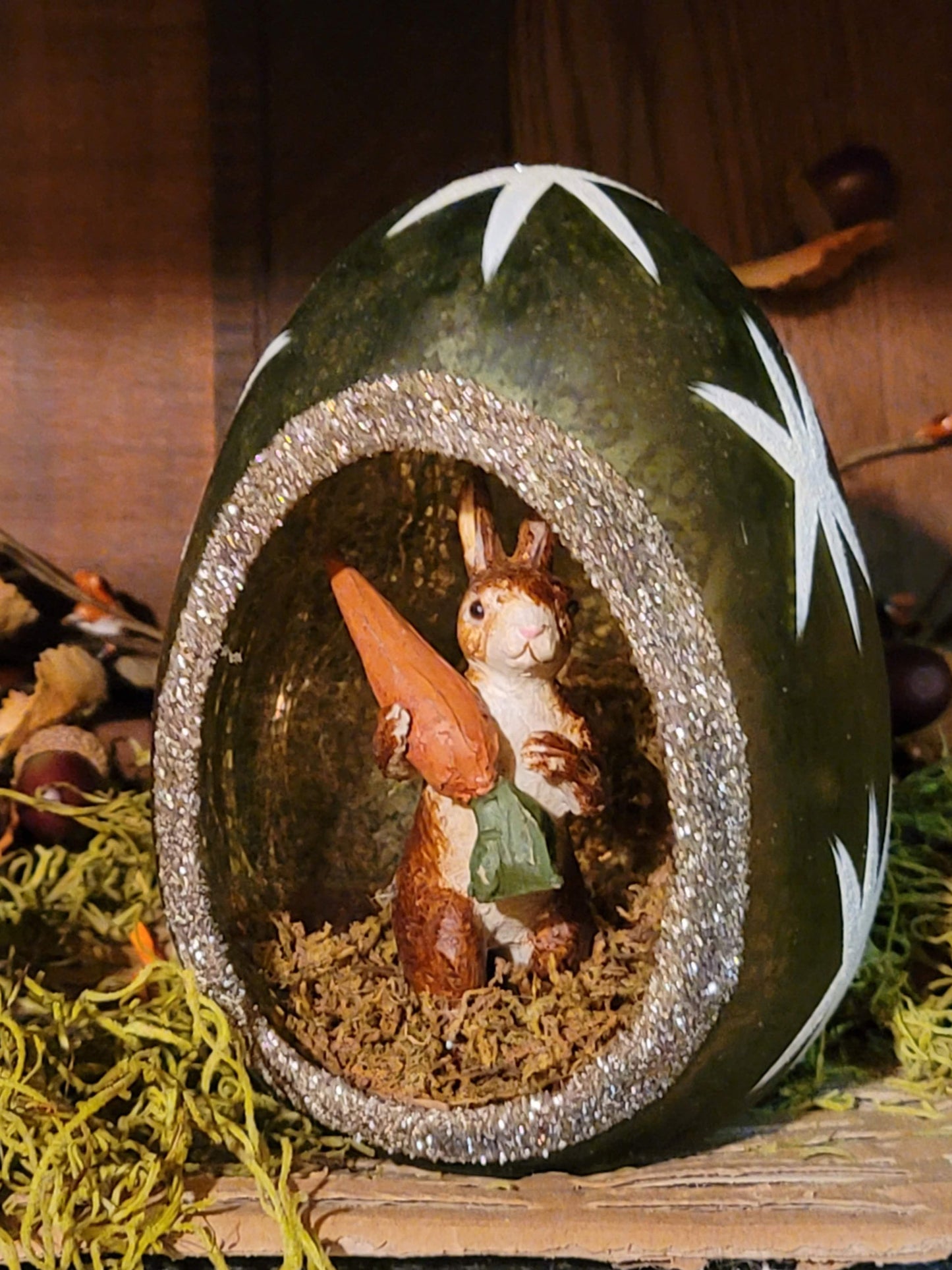 Green Mercury Glass Easter Bunny with Giant Carrot Nesting Egg Figurine