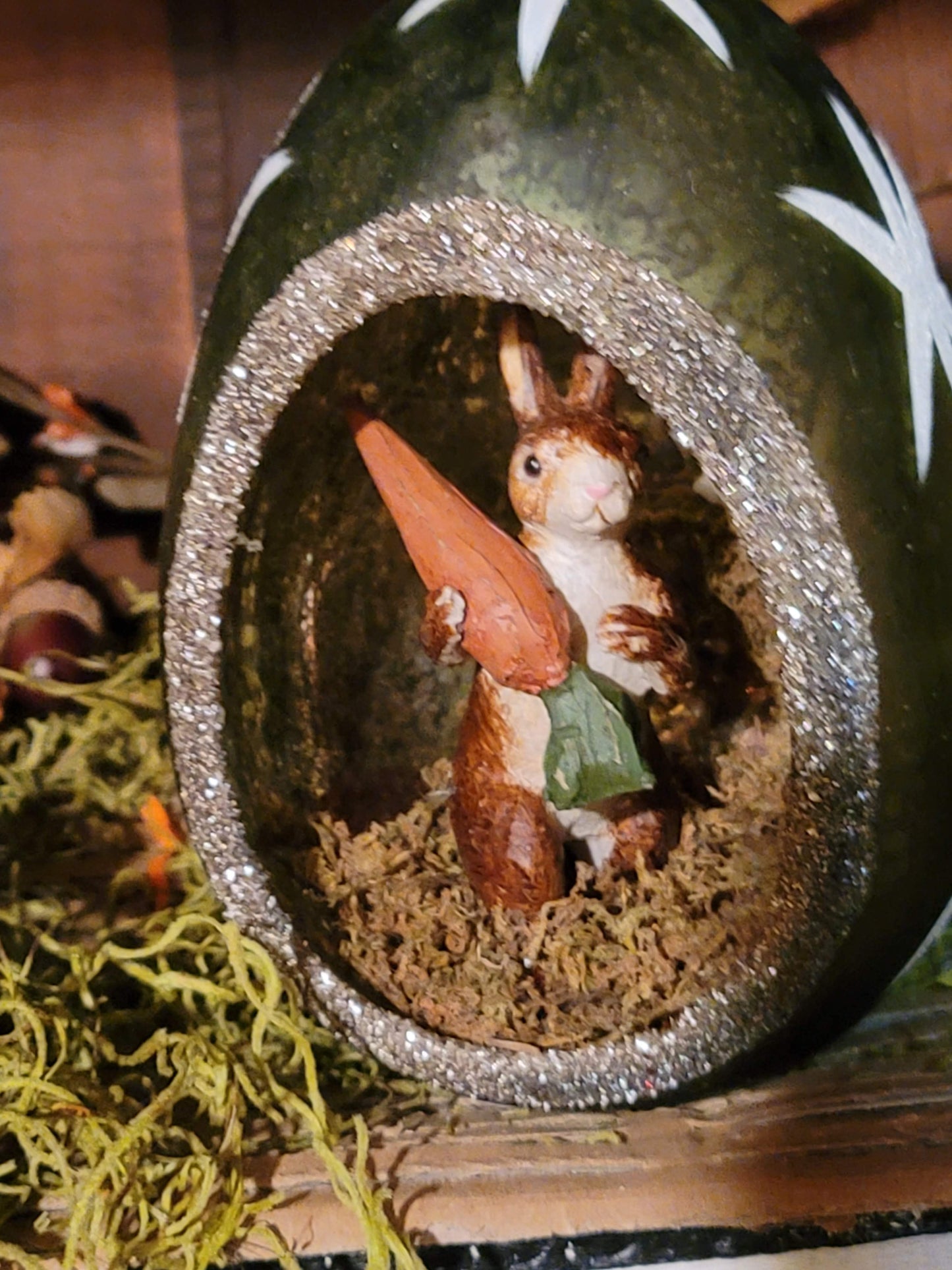 Green Mercury Glass Easter Bunny with Giant Carrot Nesting Egg Figurine