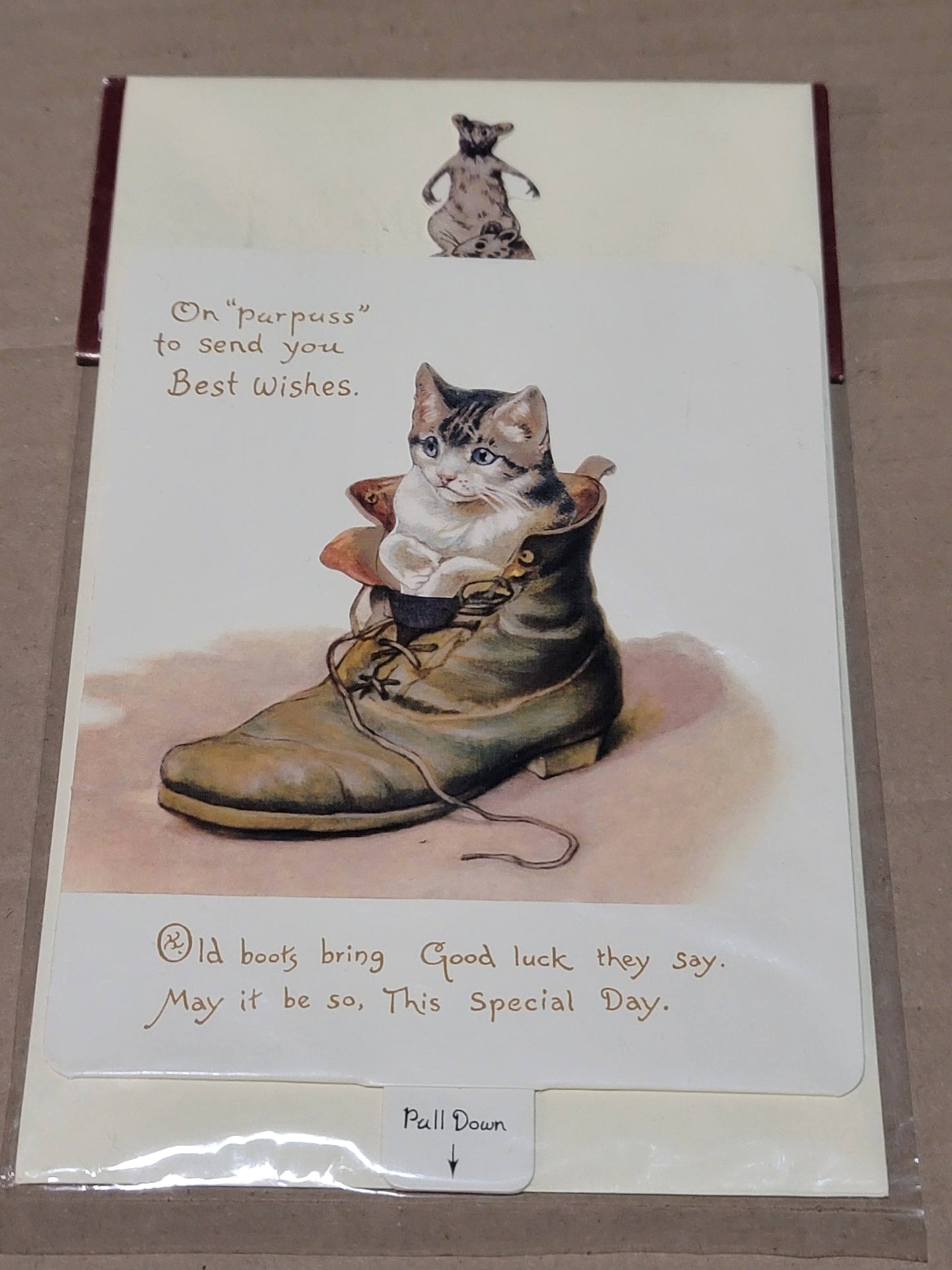 Vintage Victorian Style Mechanical Pop Up Kitten Cat and Mouse Moving Card