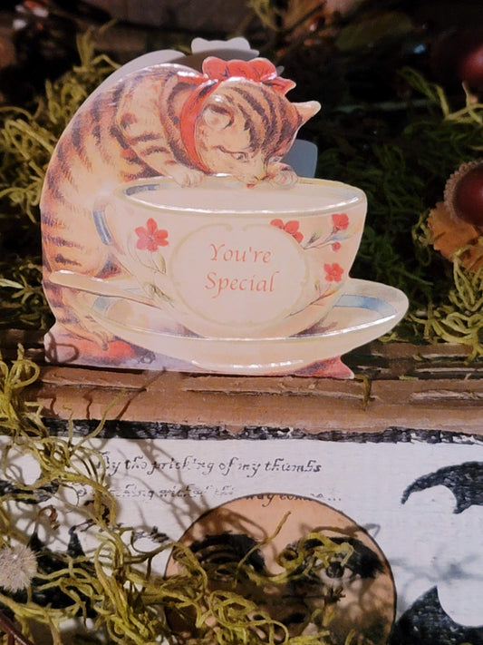 Vintage Victorian Style Cat Note Card with Tea Cup Greeting