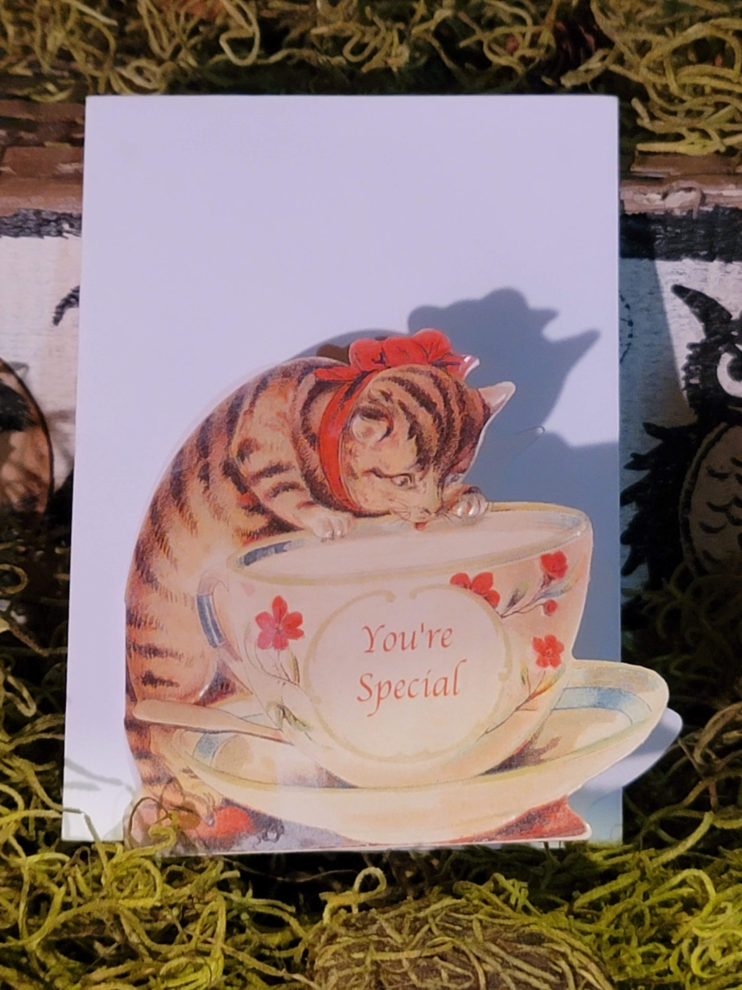 Vintage Victorian Style Cat Note Card with Tea Cup Greeting