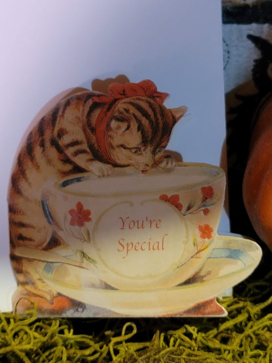 Vintage Victorian Style Cat Note Card with Tea Cup Greeting