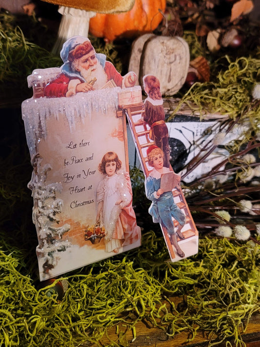 Vintage Victorian Christmas Father Christmas Standing Glittered Ladder Easel Card