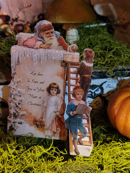 Vintage Victorian Christmas Father Christmas Standing Glittered Ladder Easel Card