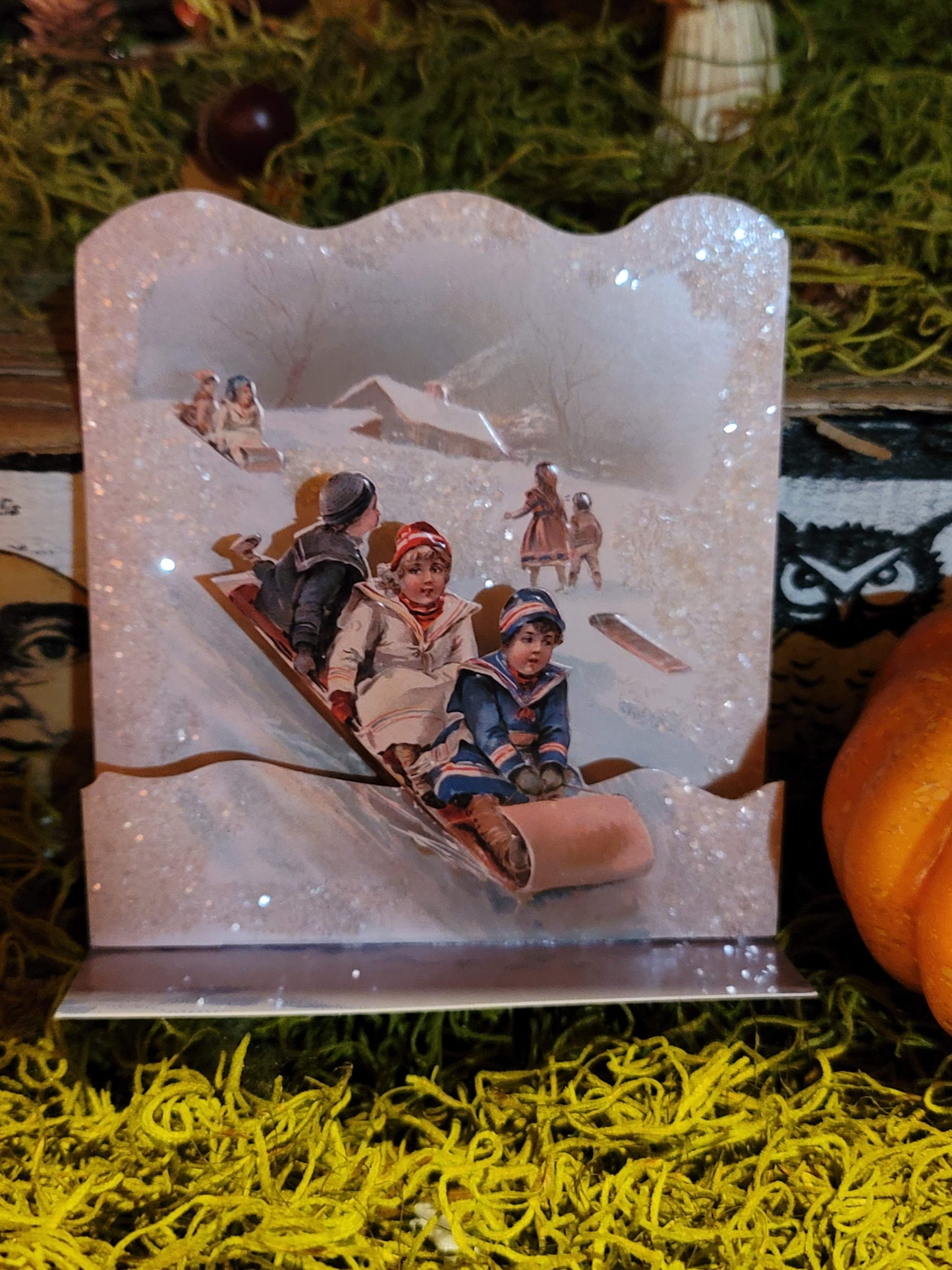 Vintage Victorian Style Children on Sled Pop Up Standing Easel Card