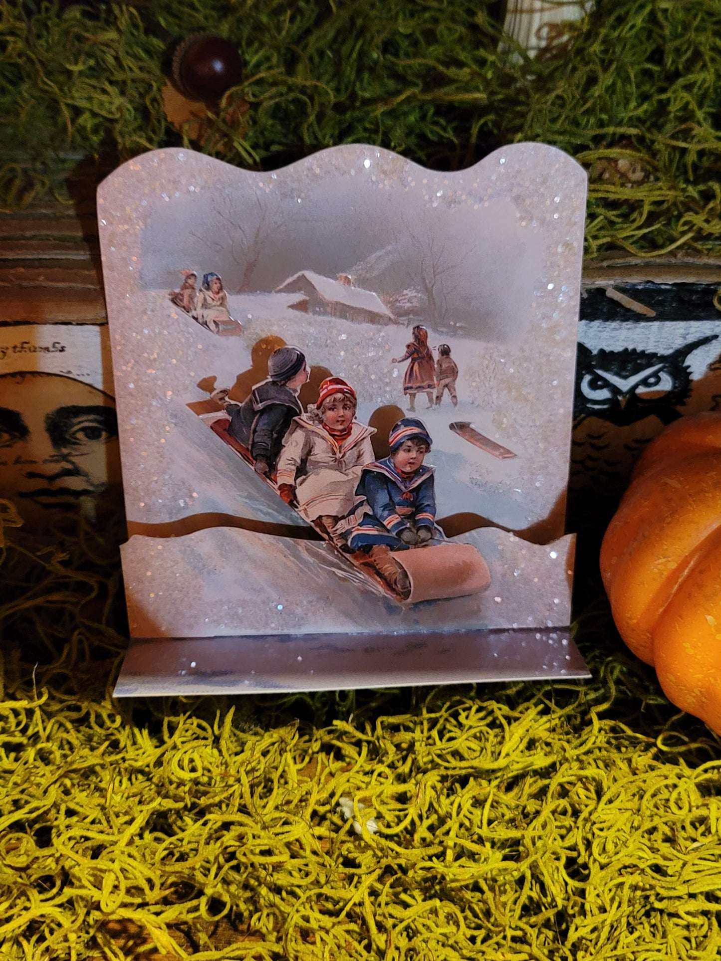 Vintage Victorian Style Children on Sled Pop Up Standing Easel Card