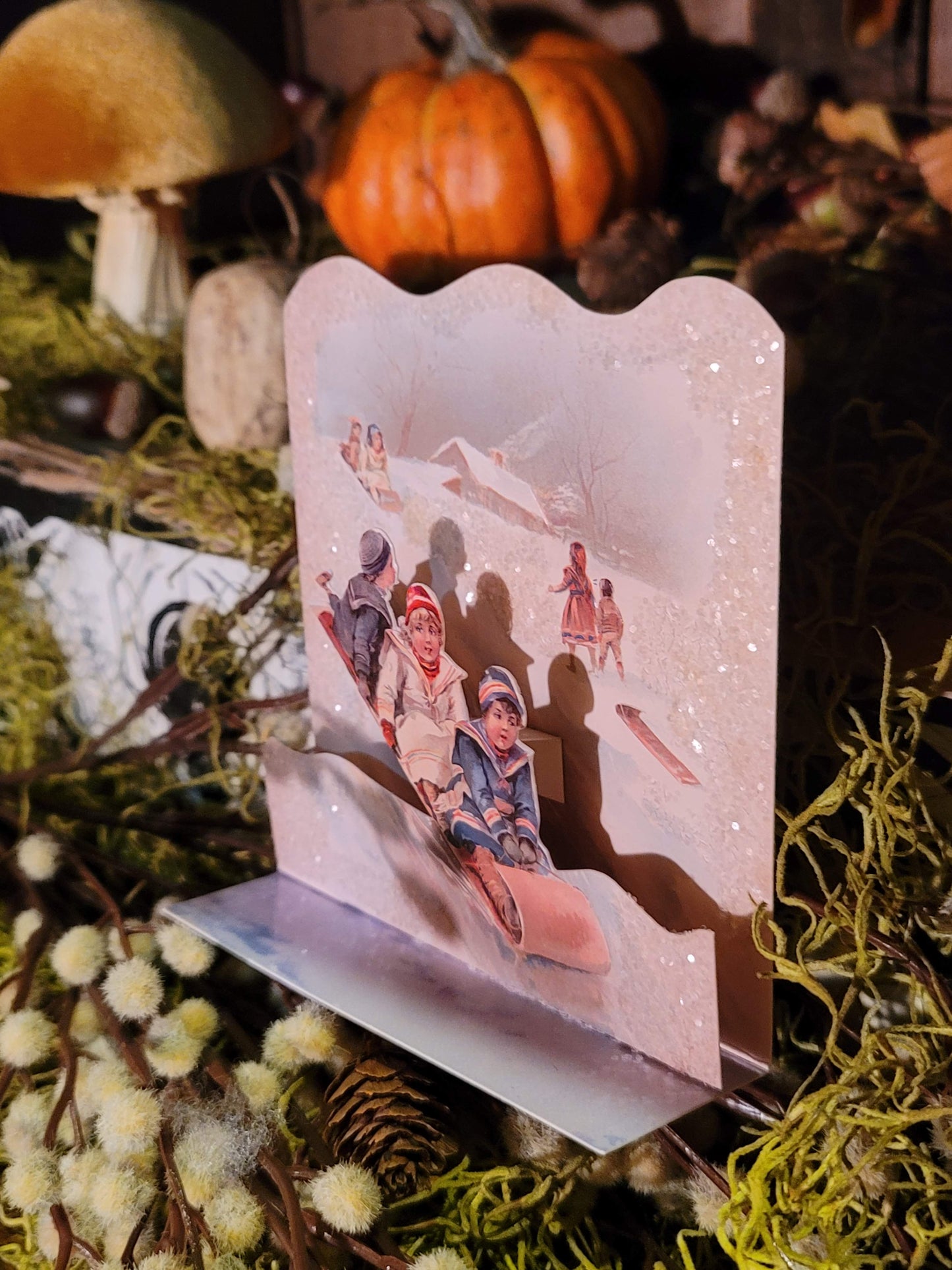 Vintage Victorian Style Children on Sled Pop Up Standing Easel Card